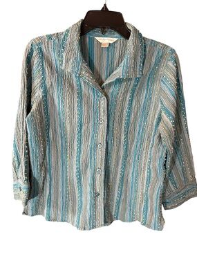 Christopher & Banks Striped Teal and Gray Button-Down Shirt